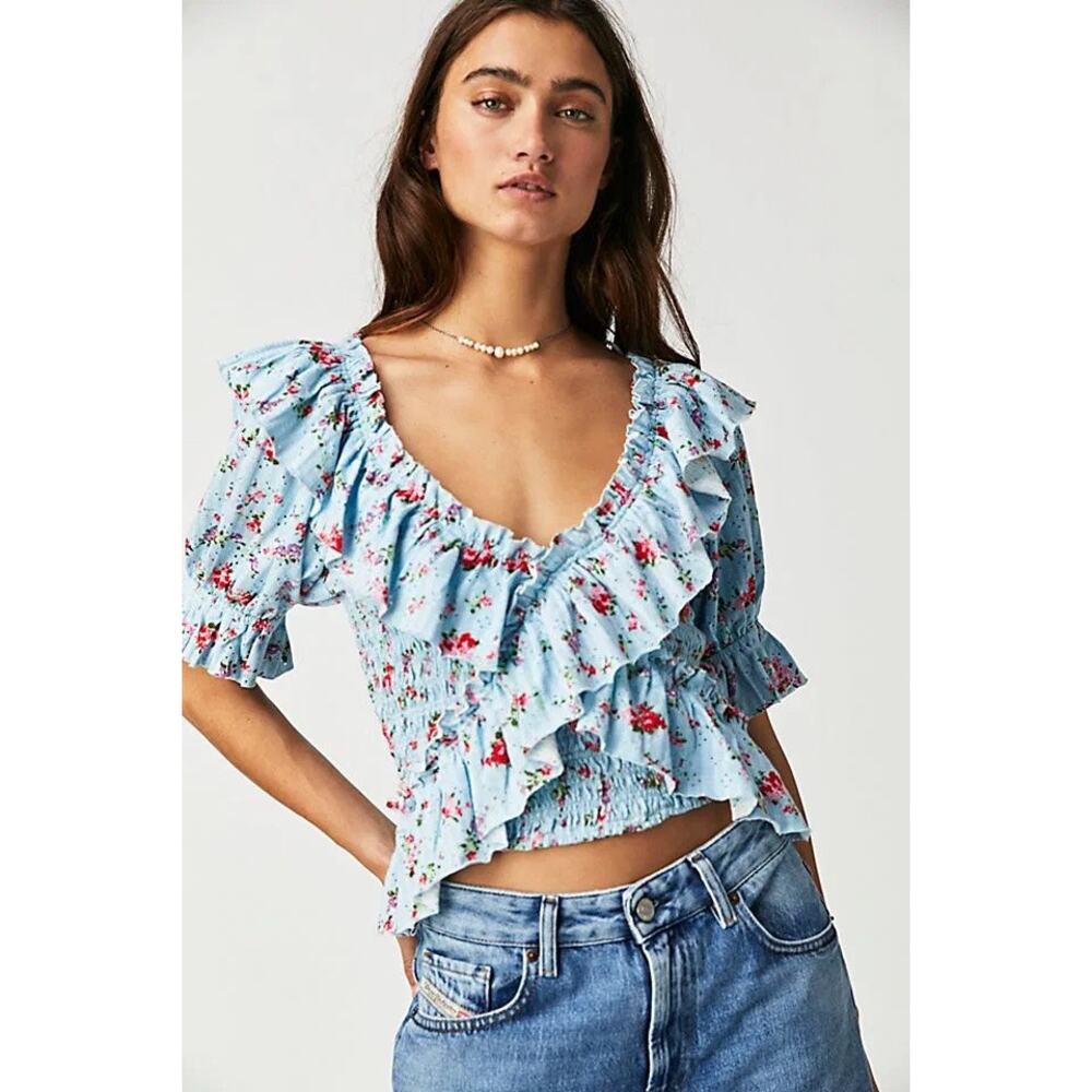 Free People Favorite Girl Top Candy Combo Blue Pink Floral Ruffle Smocked size M